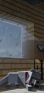 Cozy Minecraft wallpaper with dog by rainy window.