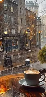 A cup of coffee by a rainy window, overlooking a city street.
