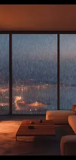 Cozy living room with rainy city view through large windows.