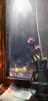 Cozy window scene with rain and flowers at night.