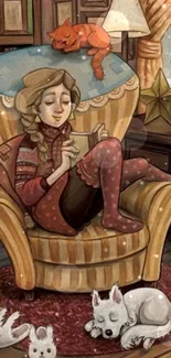 Cozy reading nook illustration with cat and plush toys.