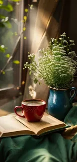 A cozy reading nook with a book, coffee, and greenery by a window.