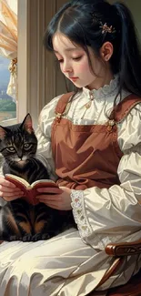 A girl reads a book with a cat in a cozy, vintage room with warm tones.