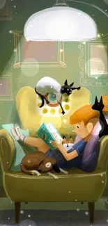 Illustration of a girl reading with cats under a lamp.