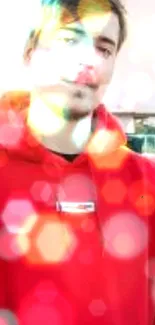 Person wearing a red hoodie in a casual setting.