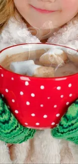 Child holding a red polka dot mug with green mittens.