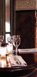 Cozy restaurant table with red lamp.