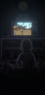 Child immersed in retro gaming on a vintage console in a cozy, dimly lit room.