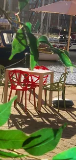 Outdoor table with green leaves by a riverside, perfect for serene relaxation.