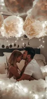 Couple embraced in cozy, cloudy bedroom with soft lighting.