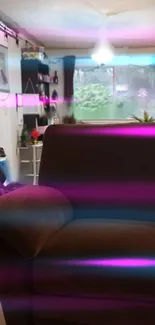 Modern living room with neon pink and blue lighting, featuring a cozy armchair.