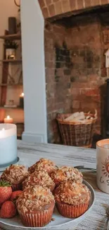 Cozy breakfast with muffins, coffee, and a candle by the fireplace.