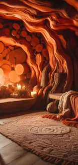 Cozy rustic cave interior with warm wooden tones and ambient lighting.