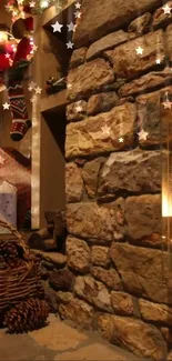 Rustic Christmas wallpaper with stone fireplace and festive decor.