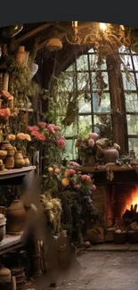 Cozy rustic cottage interior with a fireplace and lush greenery.