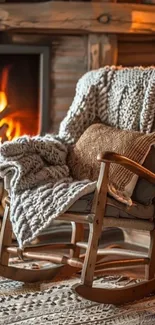 Rocking chair with blanket by fireplace.