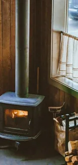 Cozy rustic fireplace with wooden interior.