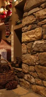 Rustic stone fireplace with holiday decor and stockings.