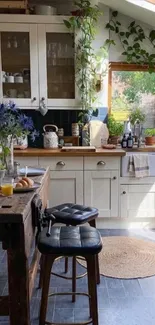 Cozy rustic kitchen with natural light and greenery.