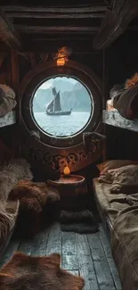 A cozy ship cabin with a round window view of a sailing ship on the ocean.