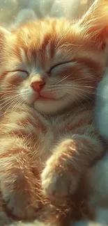 Peaceful and cute sleeping kitten in fluffy surroundings.