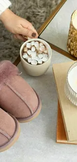 Cozy slippers and candles on a table.