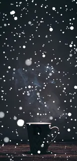 Dark gray wallpaper with steaming mug and snowfall.