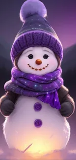 Charming snowman in purple attire with a glowing background.