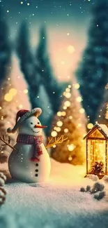 Snowman with hat in a glowing winter setting.