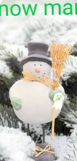 Snowman standing among frosted branches in winter.