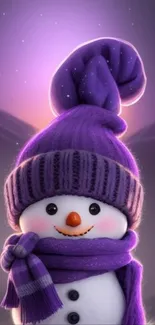 Snowman with purple hat and scarf in winter night background.