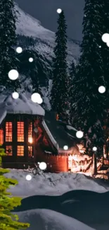 A cozy cabin illuminated warmly among snowy trees on a peaceful winter night.