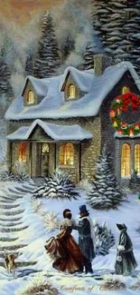 Charming snowy Christmas scene with a decorated cottage and family in winter.