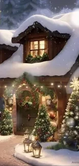 Cozy snow-covered Christmas cabin scene with holiday decorations.