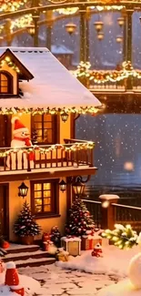 Snow-covered village adorned with Christmas lights and snowmen