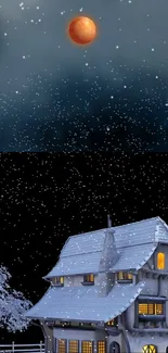 Cozy snowy cottage under a moonlit sky with falling snow at night.