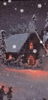 Snowy cottage at night with glowing windows and falling snow.