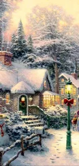 Snowy evening scene with cozy cottage and snowman in festive lights.