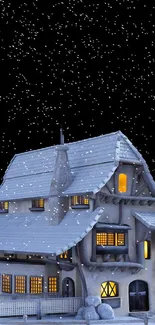 Charming snowy cottage with glowing windows under a starry winter night.