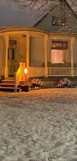 A snowy house at night with warm lights glowing.