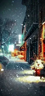 Snowy street with warm lights in winter night.