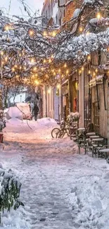 Illuminated snowy street with twinkling lights and cozy atmosphere.