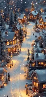 Snow-covered village with glowing lights on a winter night.