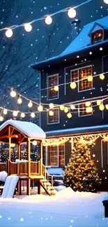 Snowy winter cottage with festive lights and falling snow at night.