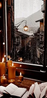 Candlelit window with rainy street view, warm cozy ambiance.