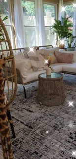 Cozy sunlit living room with white furniture and green plants.