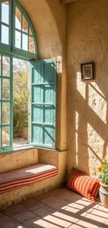 Sunlit cozy corner with rustic charm and window seat.