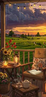 Cozy balcony at sunset with vibrant flowers and fields.