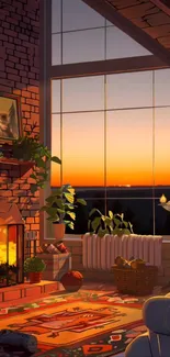Cozy living room with sunset view and fireplace art.