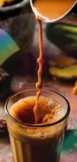 Cozy tea being poured into a glass cup.